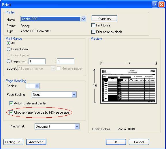 Acrobat Reader Printing Menu, with ’Choose Paper Source by PDF page size’ checkbox highlighted